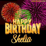 A golden 'Happy Birthday Shelia' message with vibrant fireworks in the background, creating a festive and celebratory vibe in this animated name GIF.