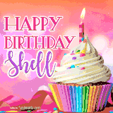 A vibrant birthday GIF featuring a rainbow-colored cupcake topped with white frosting, sprinkles, and a lit candle. The text reads 'Happy Birthday Shell' in bold pink and violet letters with white outline.