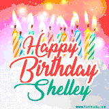Bright birthday candles with rainbow flames on a cake, alongside the text 'Happy Birthday Shelley' in vibrant script in this celebratory animated GIF.
