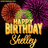 A golden 'Happy Birthday Shelley' message with vibrant fireworks in the background, creating a festive and celebratory vibe in this animated name GIF.
