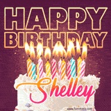 A colorful birthday cake topped with lit candles, with the words 'Happy Birthday Shelley' in bold glowing letters on a burgundy background. Animated flames add a festive touch.