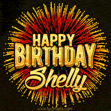 Golden 'Happy Birthday Shelly' text accompanied by animated rainbow fireworks for a festive animated greeting.