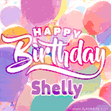 A vibrant name GIF featuring colorful balloons in shades of pink, orange, and yellow with the bold text 'Happy Birthday Shelly' in festive fonts, creating a lively birthday vibe.