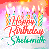 Bright birthday candles with rainbow flames on a cake, alongside the text 'Happy Birthday Shelomith' in vibrant script in this celebratory animated GIF.
