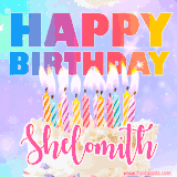 A vibrant animated name GIF with the words 'Happy Birthday Shelomith' with colorful candles on a creamy cake. The background sparkles with pastel shades, adding a festive touch.