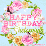 A charming animated GIF featuring 'Happy Birthday Shelomiyth' in pink and green text, surrounded by delicate roses, leaves, and fluttering butterflies on a soft light blue pastel background.