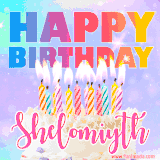 A vibrant animated name GIF with the words 'Happy Birthday Shelomiyth' with colorful candles on a creamy cake. The background sparkles with pastel shades, adding a festive touch.