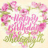 A stunning heart made of pink roses surrounds the elegant script text 'Happy Birthday Shelomiyth' on a soft beige background. Animated sparkles add a magical and festive feel.