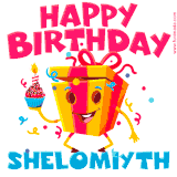 A vibrant and funny gift box character with a happy face dancing with a cupcake and the text 'Happy Birthday Shelomiyth,' surrounded by animated confetti and party vibes.