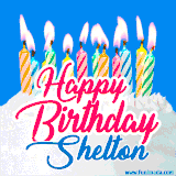 A cheerful animated GIF featuring colorful lit birthday candles on a white cake, with the text 'Happy Birthday Shelton' in bold red and blue script on a bright blue background.