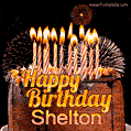A rich chocolate cake topped with glowing birthday candles and surrounded by bright fireworks. The animated GIF displays the message 'Happy Birthday Shelton' in golden text.