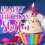 A festive animated GIF featuring a colorful cupcake with a single lit candle, sprinkles, and 'Happy Birthday Shelton' text against a sparkling, celebratory background.