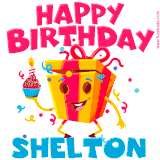 A funny animated birthday GIF with the words 'Happy Birthday Sheltona', colorful gift box with arms and legs, holding a cupcake with a lit candle  with confetti everywhere.
