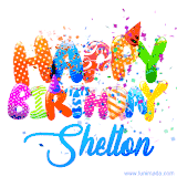 Animated GIF with colorful, festive 'Happy Birthday Shelton' text decorated with patterns, a party hat, and falling confetti. A vibrant and cheerful design for birthday celebrations.