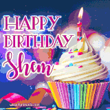 A festive animated GIF featuring a colorful cupcake with a single lit candle, sprinkles, and 'Happy Birthday Shem' text against a sparkling, celebratory background.