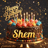 Elegant birthday GIF with the name Shem on a chocolate cake surrounded by flickering candlelight and golden stars.
