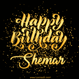 Animated GIF with colorful, festive 'Happy Birthday Shemar' text decorated with patterns, a party hat, and falling confetti. A vibrant and cheerful design for birthday celebrations.