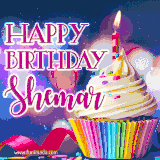 A festive animated GIF featuring a colorful cupcake with a single lit candle, sprinkles, and 'Happy Birthday Shemar' text against a sparkling, celebratory background.