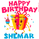 A funny animated birthday GIF with the words 'Happy Birthday Shemara', colorful gift box with arms and legs, holding a cupcake with a lit candle  with confetti everywhere.