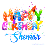 Animated GIF with colorful, festive 'Happy Birthday Shemar' text decorated with patterns, a party hat, and falling confetti. A vibrant and cheerful design for birthday celebrations.