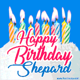 A cheerful animated GIF featuring colorful lit birthday candles on a white cake, with the text 'Happy Birthday Shepard' in bold red and blue script on a bright blue background.