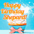 A cheerful animated GIF of a cupcake with creamy frosting, a red checkered ribbon, and a bright sparkler on top. The text 'Happy Birthday Shepard!' is displayed in vibrant orange and red.