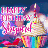 A festive animated GIF featuring a colorful cupcake with a single lit candle, sprinkles, and 'Happy Birthday Shepard' text against a sparkling, celebratory background.