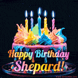 A vibrant animated GIF featuring a colorful rotating birthday cake with bright frosting swirls, glowing candles, and the text 'Happy Birthday Shepard!' in rainbow colors.