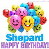 An animated birthday-themed name GIF with colorful smiling balloons and bold 'Shepard, Happy Birthday!' text for a celebratory touch.