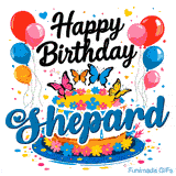 Vibrant balloons and fluttering butterflies on a flower-themed birthday cake animated GIF for Shepard.