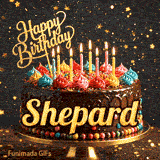 Birthday cake animation for Shepard featuring glowing yellow candles, colorful decorative candy, and golden letters.