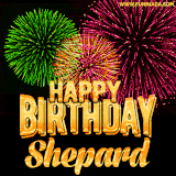 A captivating GIF with bursts of green, pink, and orange fireworks lighting up the night sky, accompanied by 'Happy Birthday Shepard' in glowing golden text.