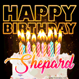 A vibrant animated GIF featuring a delicious birthday cake topped with glowing candles and the name 'Shepard' in elegant script, and the words 'Happy Birthday' on the black background.
