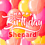 A vibrant birthday GIF featuring colorful balloons in shades of pink, yellow, and orange, with bold white and red text saying 'Happy Birthday Shepard.'