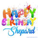 Animated GIF with colorful, festive 'Happy Birthday Shepard' text decorated with patterns, a party hat, and falling confetti. A vibrant and cheerful design for birthday celebrations.