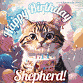 Happy birthday gif for Shepherd with cat and cake