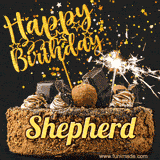 Animated GIF featuring the text 'Happy Birthday Shepherd' written in glittering gold above the luxurious chocolate birthday cake adorned with truffles, gold stars, and sparklers.