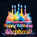 A vibrant animated GIF featuring a colorful rotating birthday cake with bright frosting swirls, glowing candles, and the text 'Happy Birthday Shepherd!' in rainbow colors.