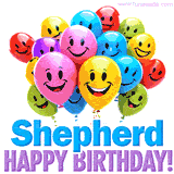 An animated birthday-themed name GIF with colorful smiling balloons and bold 'Shepherd, Happy Birthday!' text for a celebratory touch.