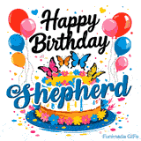 Happy Birthday Shepherd text written in black above a decorated cake with colorful balloons on both sides.