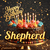 Chocolate cake with colorful icing swirls on top and the name Shepherd written on the chocolate frosting under lit candles.