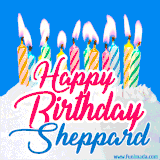 A cheerful animated GIF featuring colorful lit birthday candles on a white cake, with the text 'Happy Birthday Sheppard' in bold red and blue script on a bright blue background.