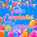 A vibrant animated GIF with 'Feliz Cumpleaños Sheppard' written in colorful script, surrounded by balloons, confetti, and bunting on a bright blue background.