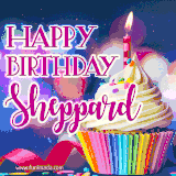 A festive animated GIF featuring a colorful cupcake with a single lit candle, sprinkles, and 'Happy Birthday Sheppard' text against a sparkling, celebratory background.