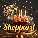 A personalized birthday greeting card with a chocolate cake, bright icing swirls, and flickering candles on a gold platter and name Sheppard