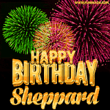 A captivating GIF with bursts of green, pink, and orange fireworks lighting up the night sky, accompanied by 'Happy Birthday Sheppard' in glowing golden text.