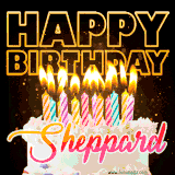 A vibrant animated GIF featuring a delicious birthday cake topped with glowing candles and the name 'Sheppard' in elegant script, and the words 'Happy Birthday' on the black background.