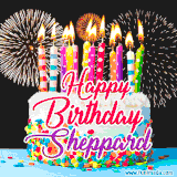 A lively happy birthday animated GIF showcasing a colorful birthday cake covered in sprinkles, topped with glowing candles, and surrounded by vibrant fireworks. The name 'Sheppard' is featured in elegant script.