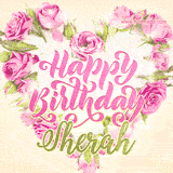 A stunning heart made of pink roses surrounds the elegant script text 'Happy Birthday Sherah' on a soft beige background. Animated sparkles add a magical and festive feel.