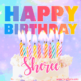 A vibrant animated name GIF with the words 'Happy Birthday Sheree' with colorful candles on a creamy cake. The background sparkles with pastel shades, adding a festive touch.